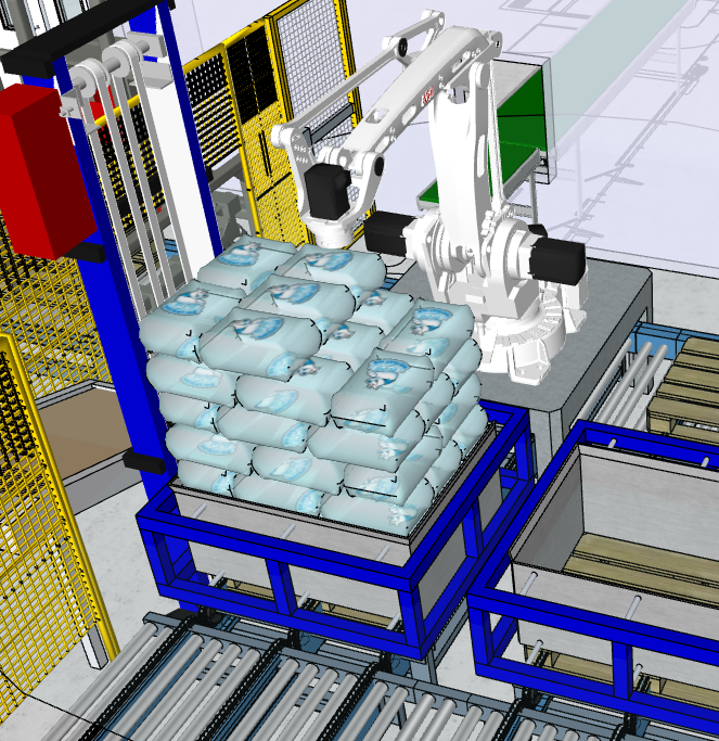 Sistem complet de paletizare robotizată și infoliere automată end of line3