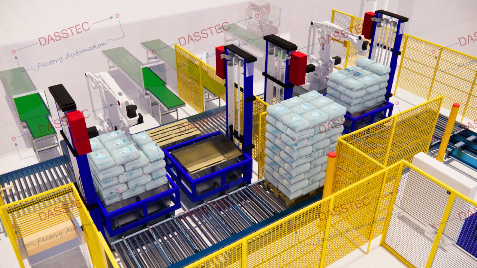 Sistem complet de paletizare robotizată și infoliere automată end of line3